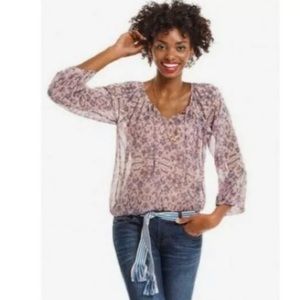 NWOT CAbi • Blouse Womens Extra Small Pink Blue Floral Print Sheer 3/4 Sleeve XS